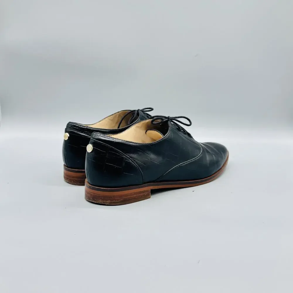 Cole Haan Shoes Women 8 Black Leather Croc Embossed Oxford Flats Lace Up Classic